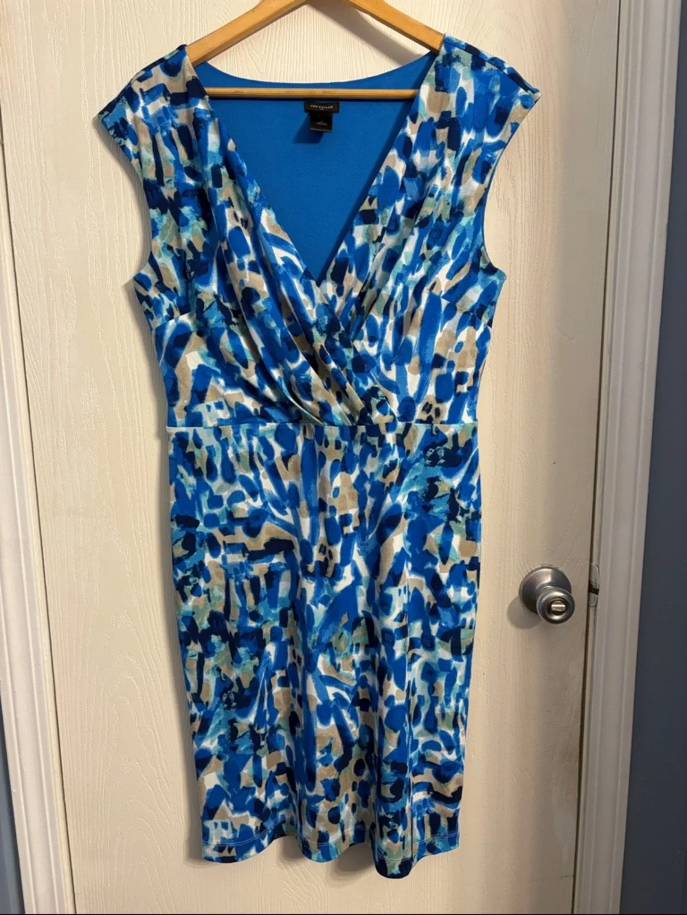 Ann Taylor Blue and Tan Abstract Faux-Wrap Midi Dress - Picture 1 of 8
